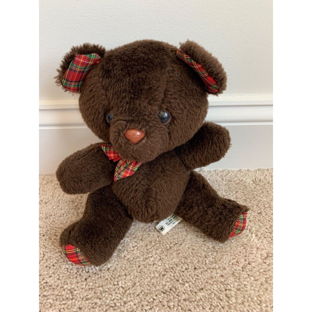 Vintage Williamsburg Pottery Inc. Brown Teddy Bear With Plaid Accents